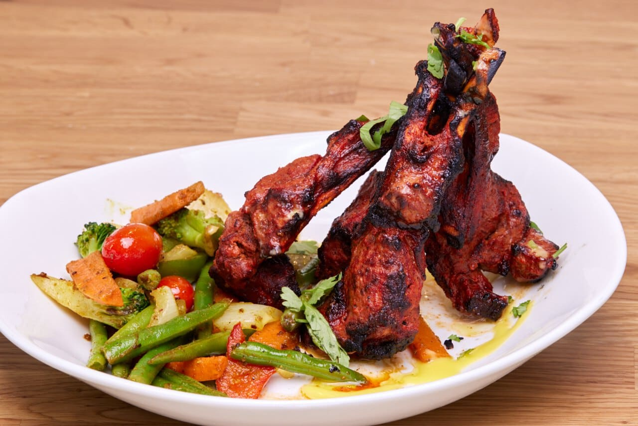Tandoori lamb chops with grilled vegetables